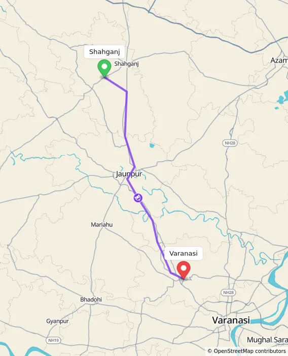 Route map showing distance and travel time from Shahganj, India to Varanasi, India