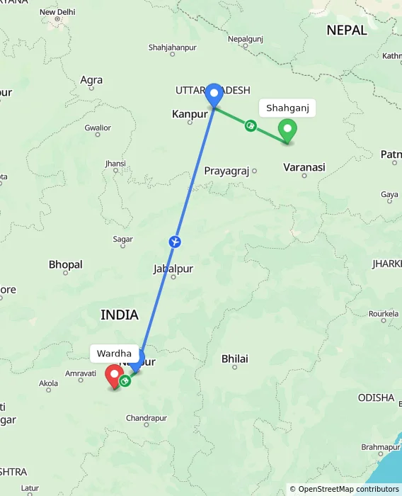 Route map showing distance and travel time from Shahganj, India to Wardha, India