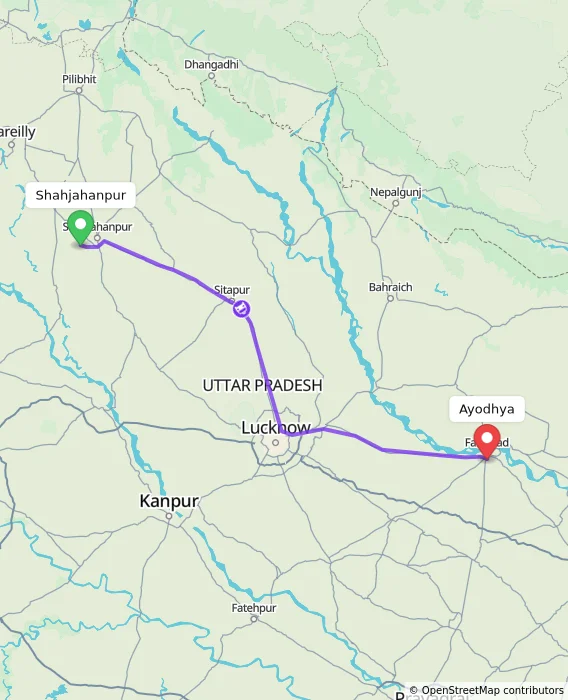Route map showing distance and travel time from Shahjahanpur, India to Ayodhya, India