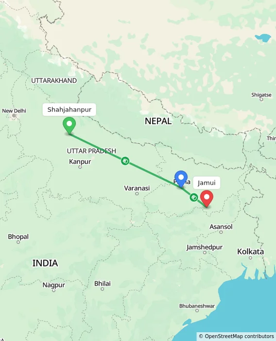 Route map showing distance and travel time from Shahjahanpur, India to Jamui, India