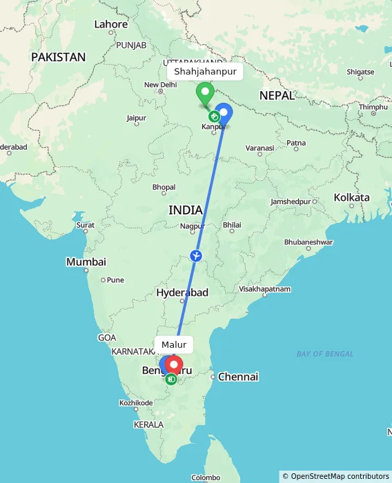 Route map showing distance and travel time from Shahjahanpur, India to Malur, India