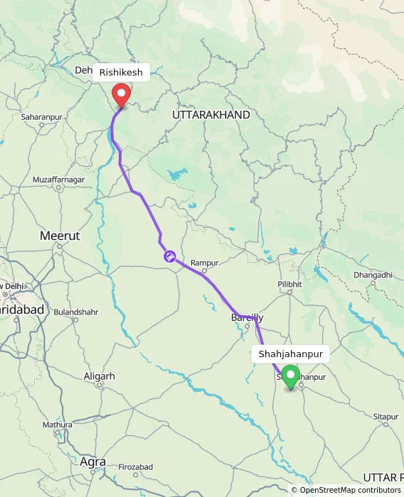 Route map showing distance and travel time from Shahjahanpur, India to Rishikesh, India