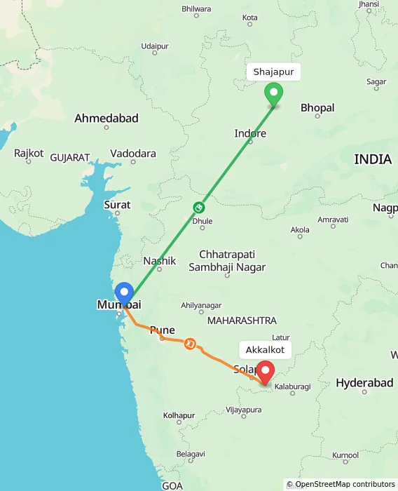 Route map showing distance and travel time from Shajapur, India to Akkalkot, India