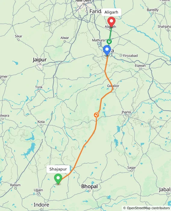 Route map showing distance and travel time from Shajapur, India to Aligarh, India