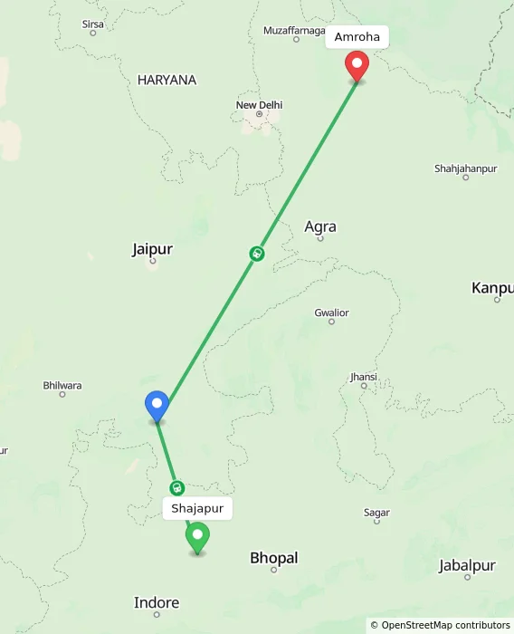 Route map showing distance and travel time from Shajapur, India to Amroha, India