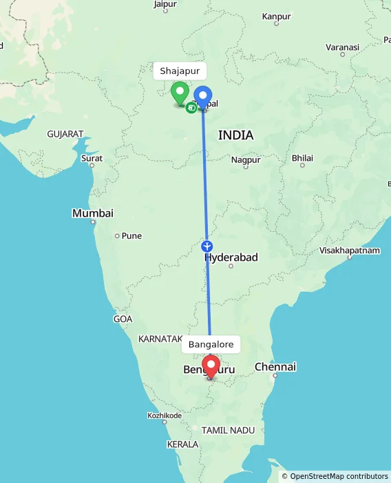 Route map showing distance and travel time from Shajapur, India to Bangalore, India