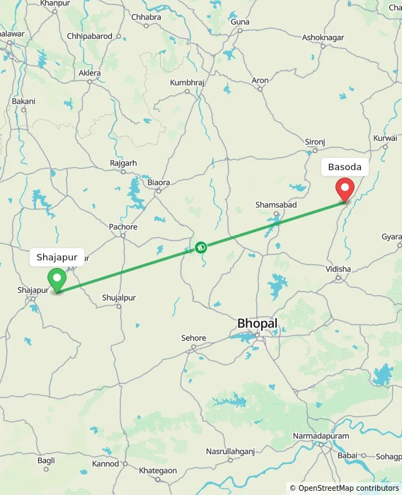 Route map showing distance and travel time from Shajapur, India to Basoda, India