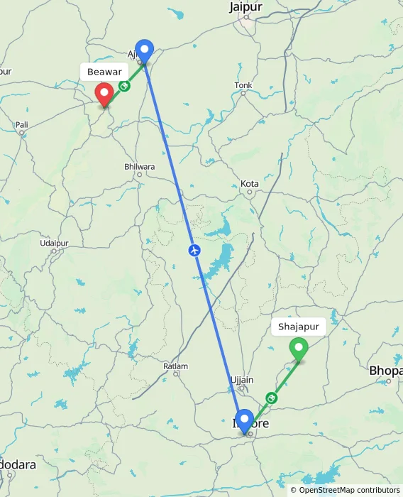Route map showing distance and travel time from Shajapur, India to Beawar, India