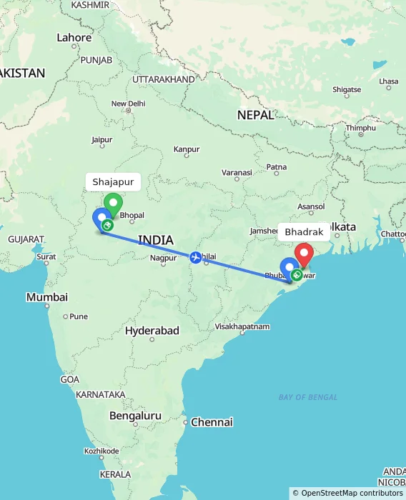 Route map showing distance and travel time from Shajapur, India to Bhadrak, India