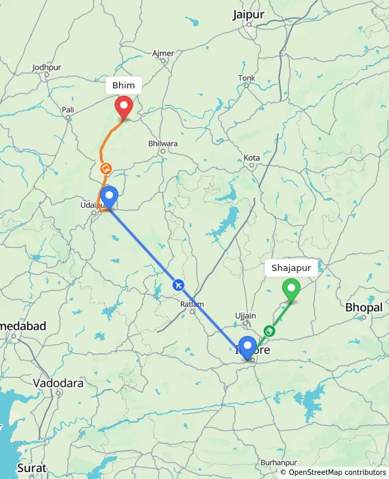 Route map showing distance and travel time from Shajapur, India to Bhim, India