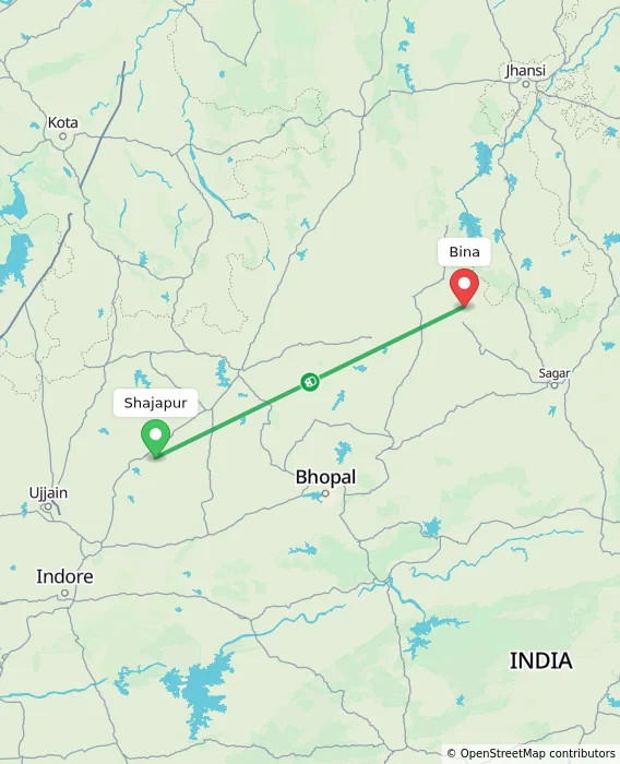 Route map showing distance and travel time from Shajapur, India to Bina, India