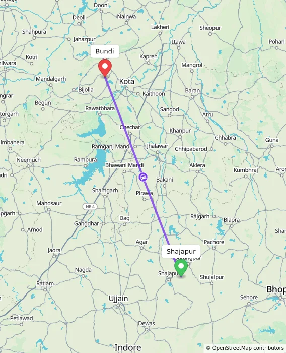 Route map showing distance and travel time from Shajapur, India to Bundi, India
