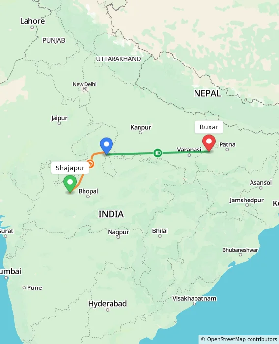 Route map showing distance and travel time from Shajapur, India to Buxar, India