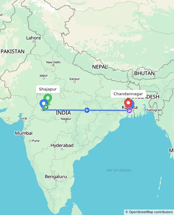Route map showing distance and travel time from Shajapur, India to Chandannagar, India