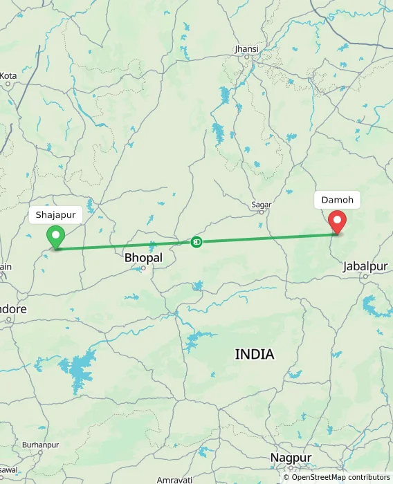 Route map showing distance and travel time from Shajapur, India to Damoh, India