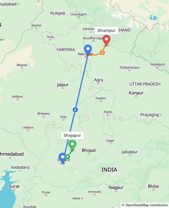 Route map showing distance and travel time from Shajapur, India to Dhampur, India