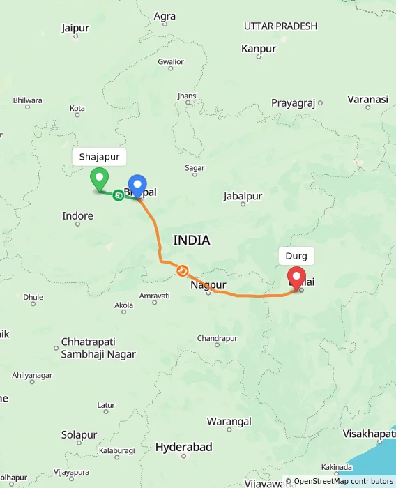 Route map showing distance and travel time from Shajapur, India to Durg, India