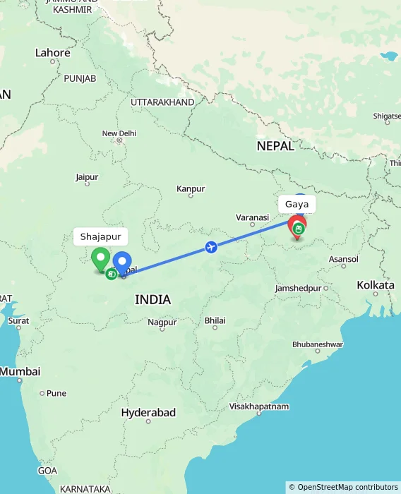 Route map showing distance and travel time from Shajapur, India to Gaya, India