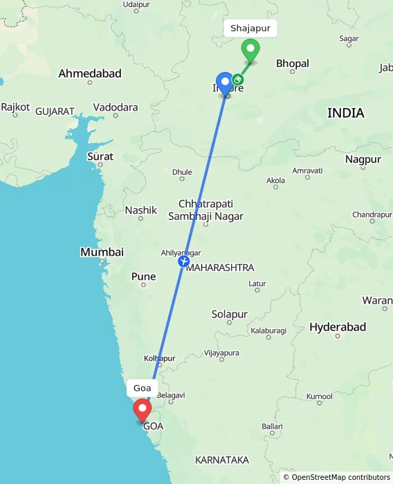 Route map showing distance and travel time from Shajapur, India to Goa, India