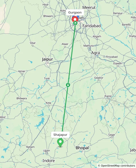 Route map showing distance and travel time from Shajapur, India to Gurgaon, India