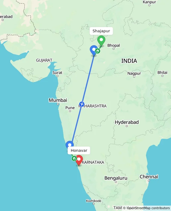 Route map showing distance and travel time from Shajapur, India to Honavar, India