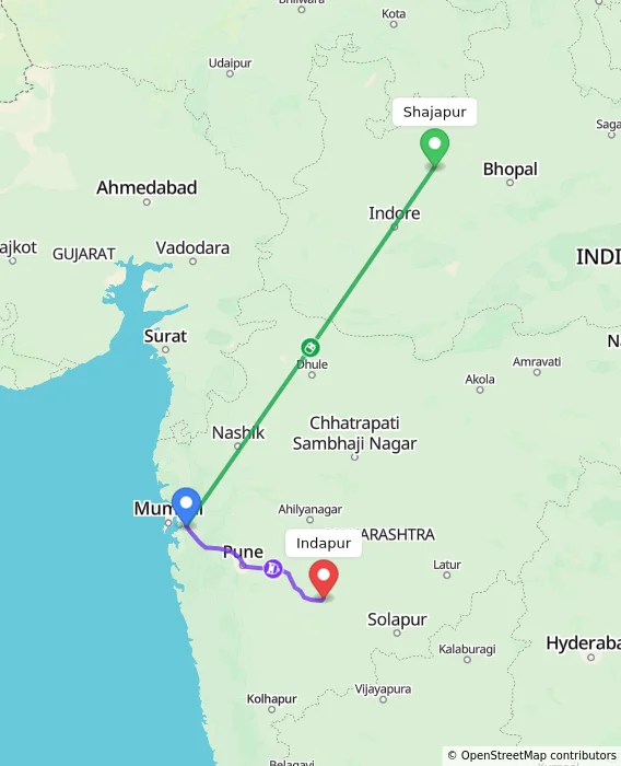 Route map showing distance and travel time from Shajapur, India to Indapur, India