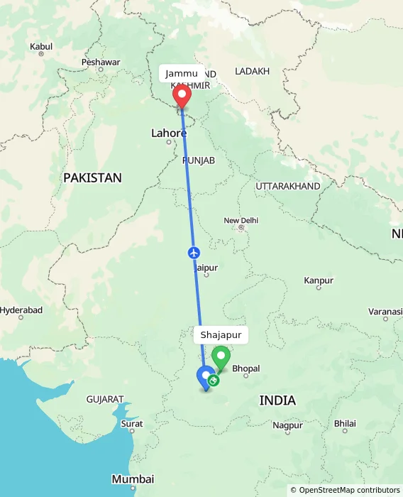 Route map showing distance and travel time from Shajapur, India to Jammu, India