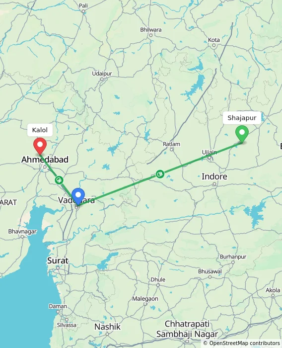 Route map showing distance and travel time from Shajapur, India to Kalol, India