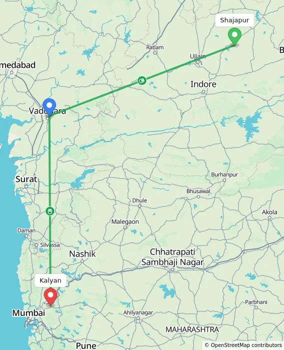 Route map showing distance and travel time from Shajapur, India to Kalyan, India