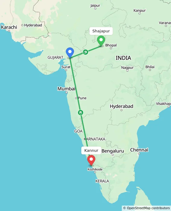 Route map showing distance and travel time from Shajapur, India to Kannur, India