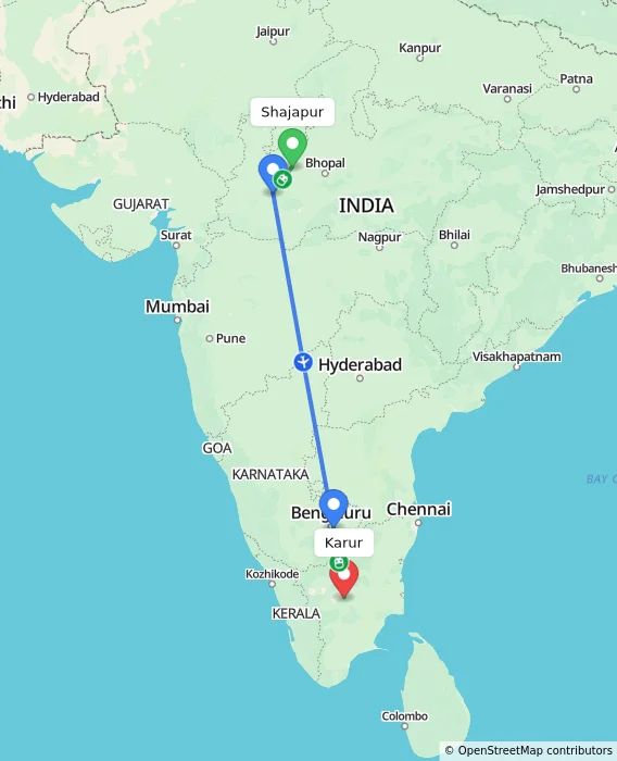 Route map showing distance and travel time from Shajapur, India to Karur, India