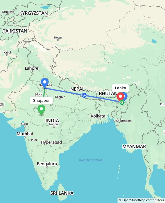 Route map showing distance and travel time from Shajapur, India to Lanka, India