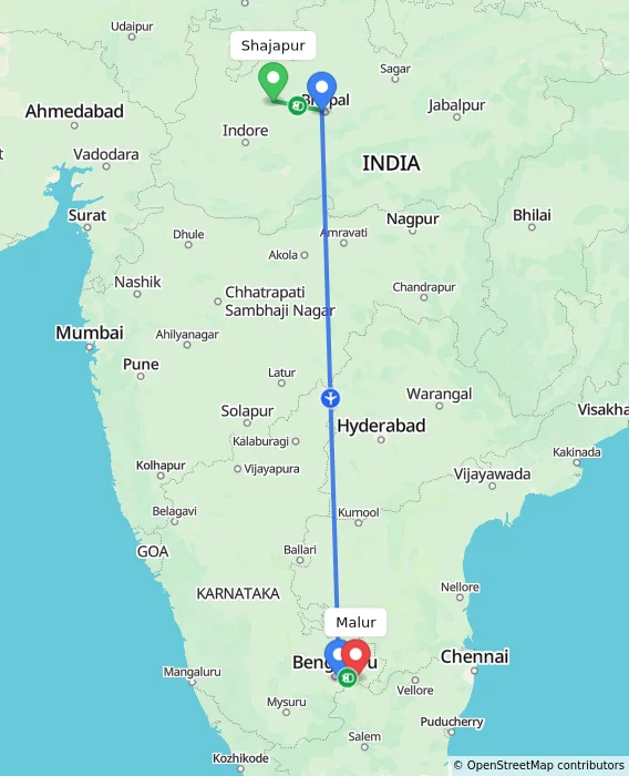 Route map showing distance and travel time from Shajapur, India to Malur, India
