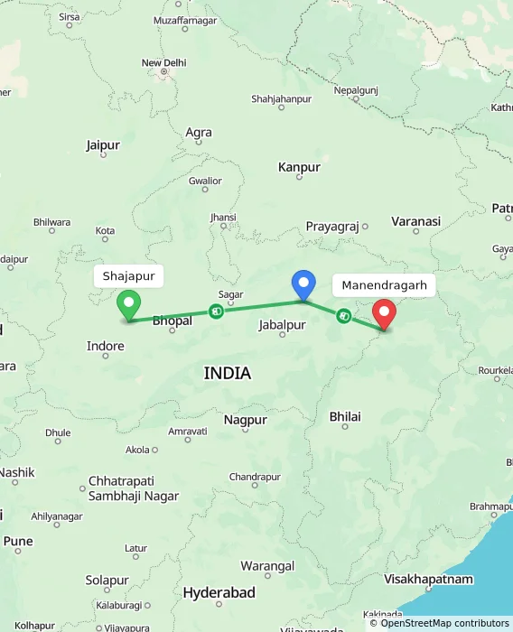 Route map showing distance and travel time from Shajapur, India to Manendragarh, India