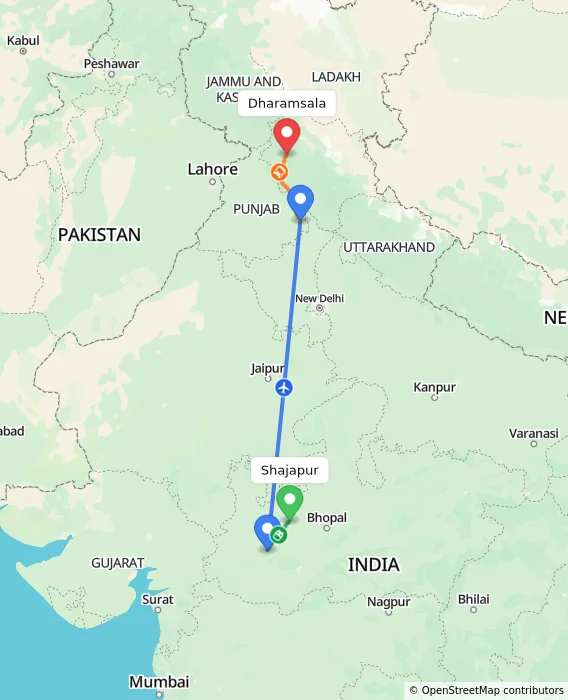 Route map showing distance and travel time from Shajapur, India to Dharamsala, India