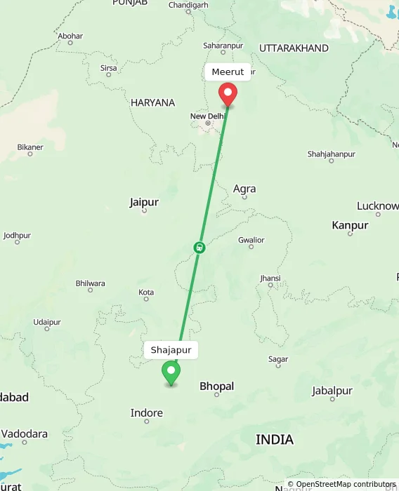 Route map showing distance and travel time from Shajapur, India to Meerut, India