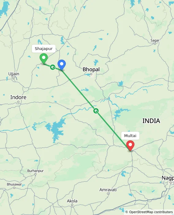 Route map showing distance and travel time from Shajapur, India to Multai, India