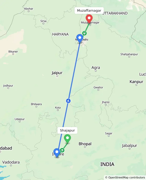 Route map showing distance and travel time from Shajapur, India to Muzaffarnagar, India