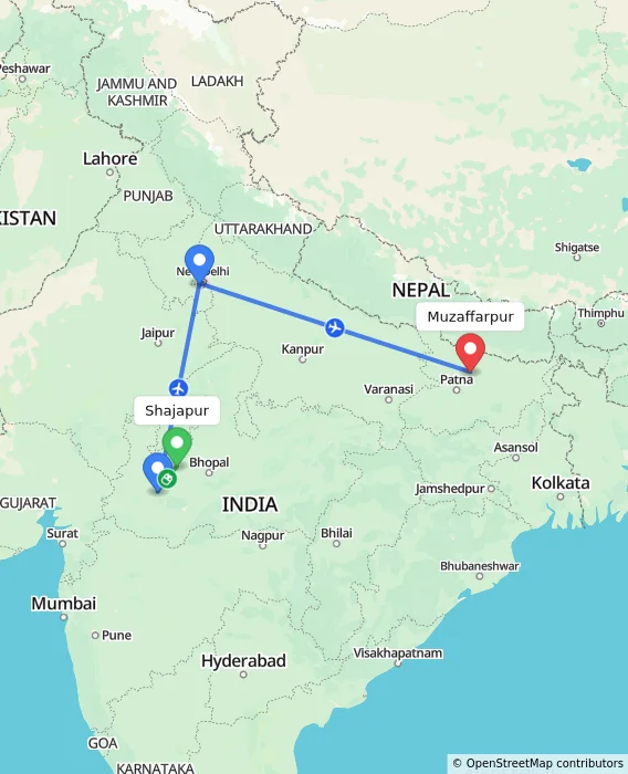Route map showing distance and travel time from Shajapur, India to Muzaffarpur, India