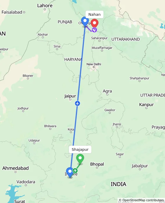 Route map showing distance and travel time from Shajapur, India to Nahan, India