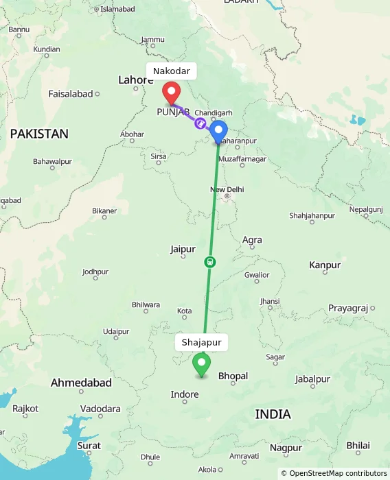 Route map showing distance and travel time from Shajapur, India to Nakodar, India