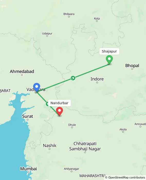 Route map showing distance and travel time from Shajapur, India to Nandurbar, India