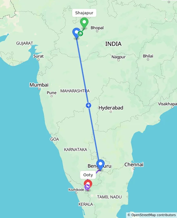 Route map showing distance and travel time from Shajapur, India to Ooty, India