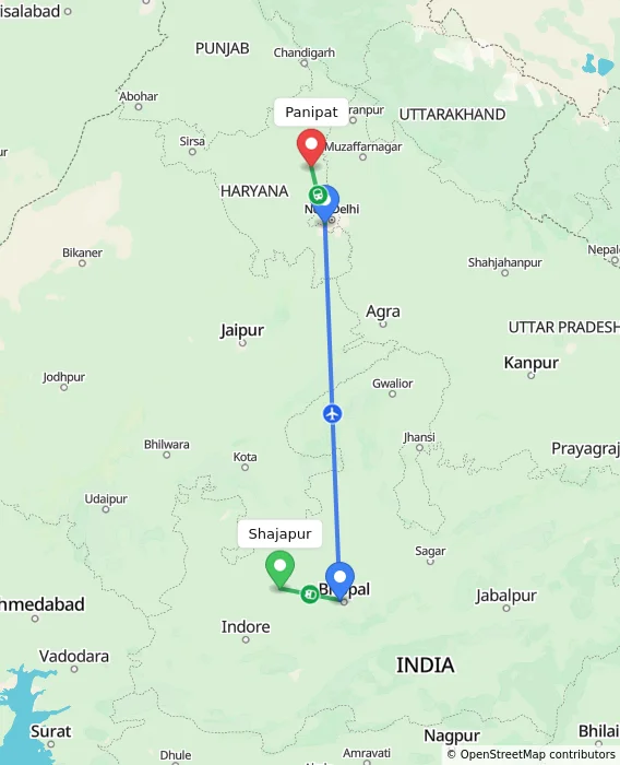 Route map showing distance and travel time from Shajapur, India to Panipat, India