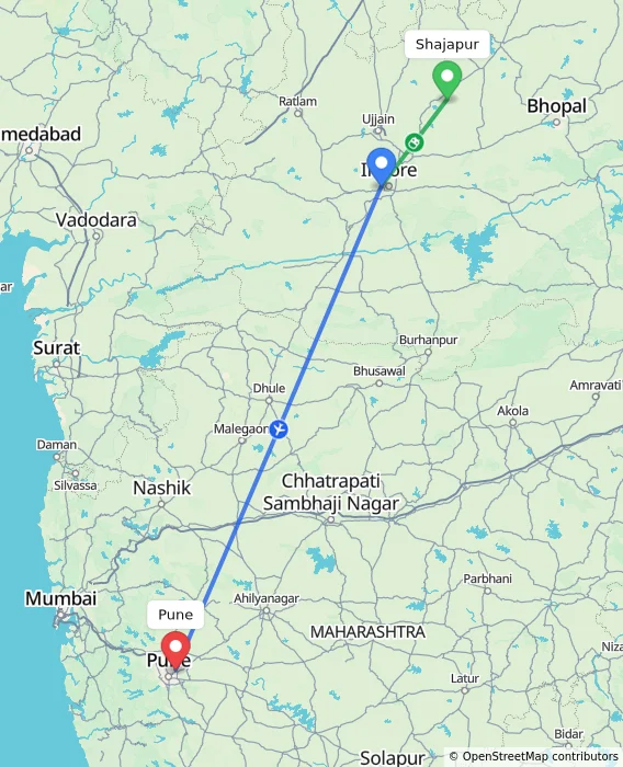 Route map showing distance and travel time from Shajapur, India to Pune, India