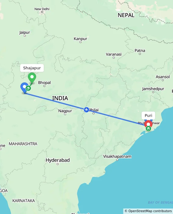 Route map showing distance and travel time from Shajapur, India to Puri, India