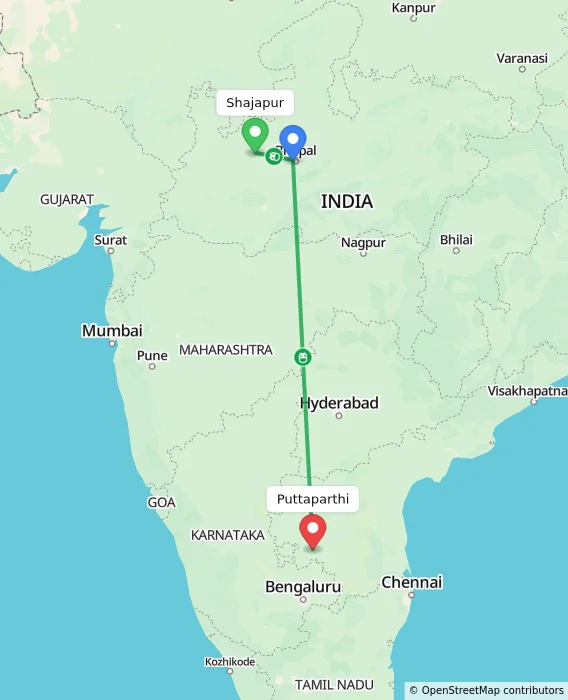 Route map showing distance and travel time from Shajapur, India to Puttaparthi, India