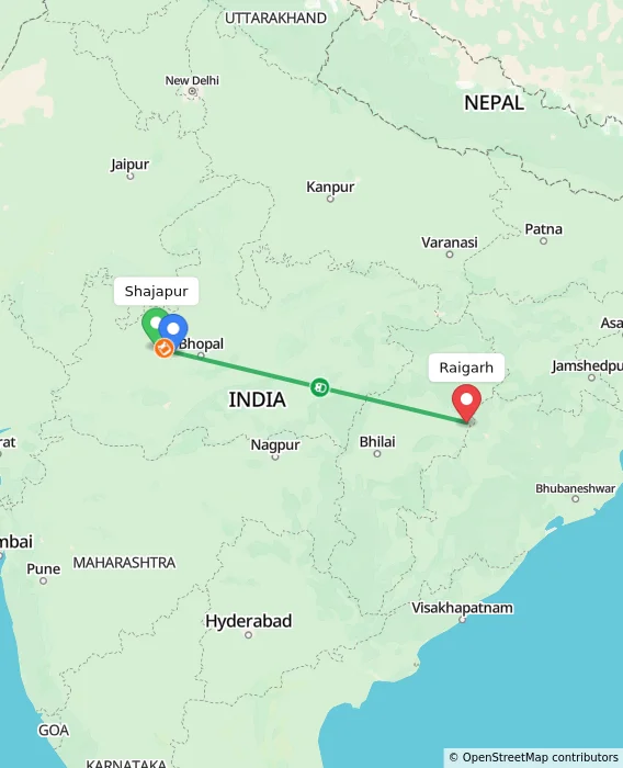 Route map showing distance and travel time from Shajapur, India to Raigarh, India