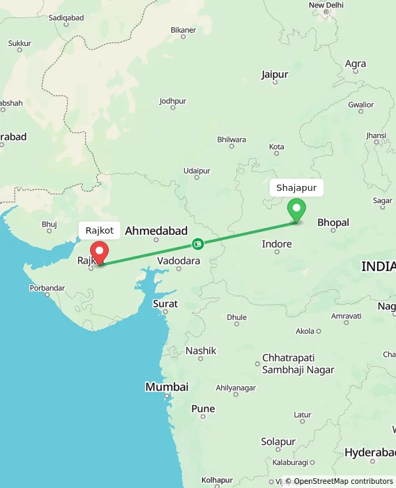 Route map showing distance and travel time from Shajapur, India to Rajkot, India