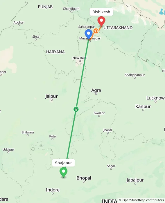 Route map showing distance and travel time from Shajapur, India to Rishikesh, India